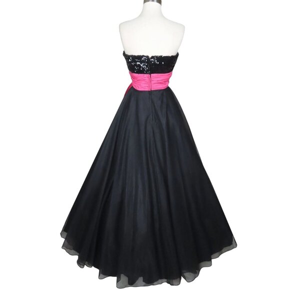 STUNNING Vintage 50s Black Sequin Princess Strapless Organza Ball Gown Size 9 - Picture 6 of 16
